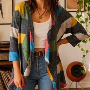 Flamingo Urban Color Block Drape Cardigan Multi Color Sz L Mod Retro Boho Artsy